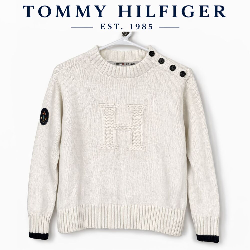 Tommy Hilfiger White Nautical‎ Sweater L Anchor Buttons Cotton Knit Preppy